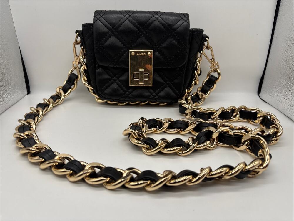 ALDO Vivie Black Mini Diamond Quilted Crossbody Bag Gold Chain Turnlock Purse